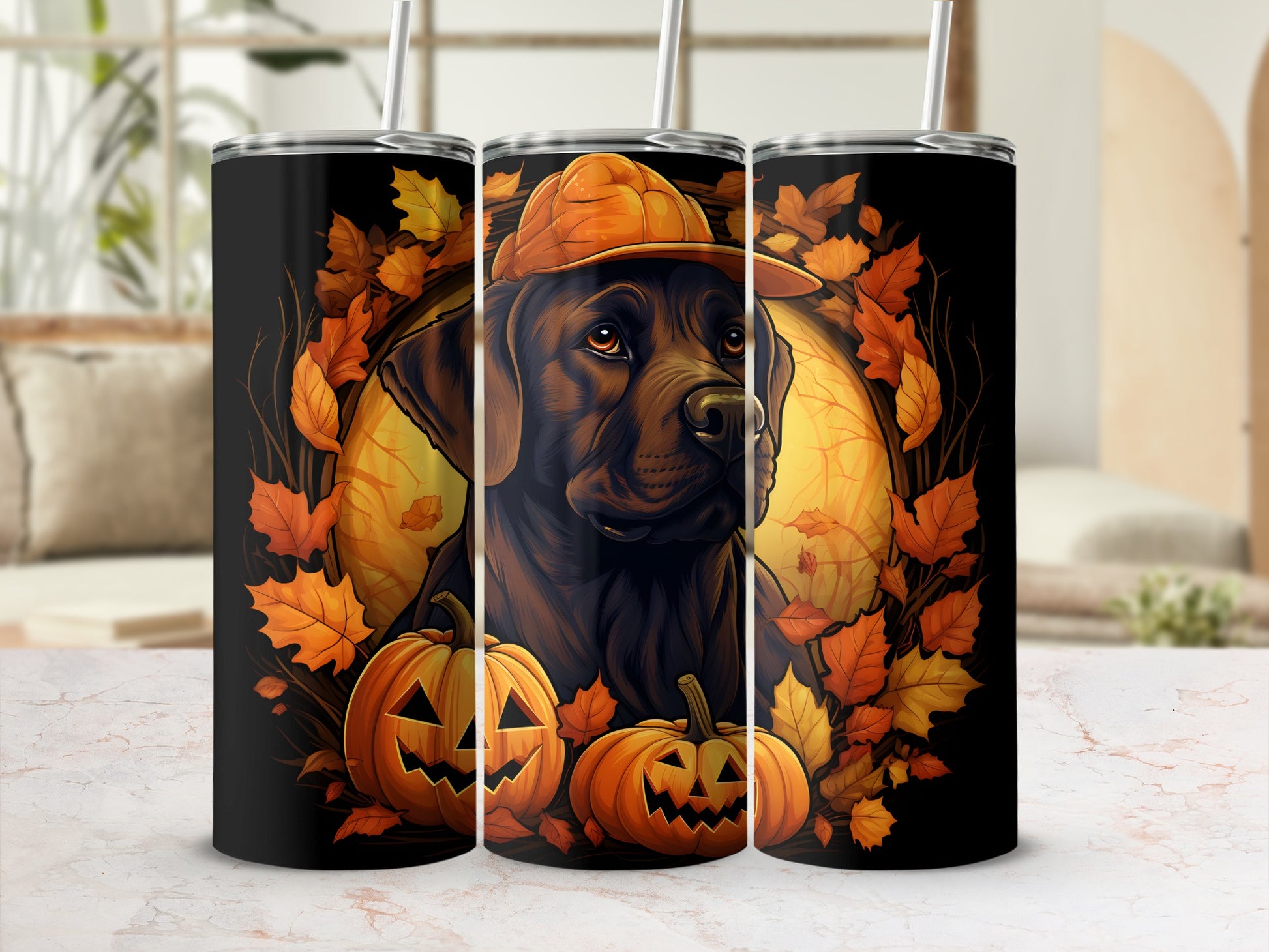 Halloween tumbler with a black dog wearing a hat among pumpkins and leaves.