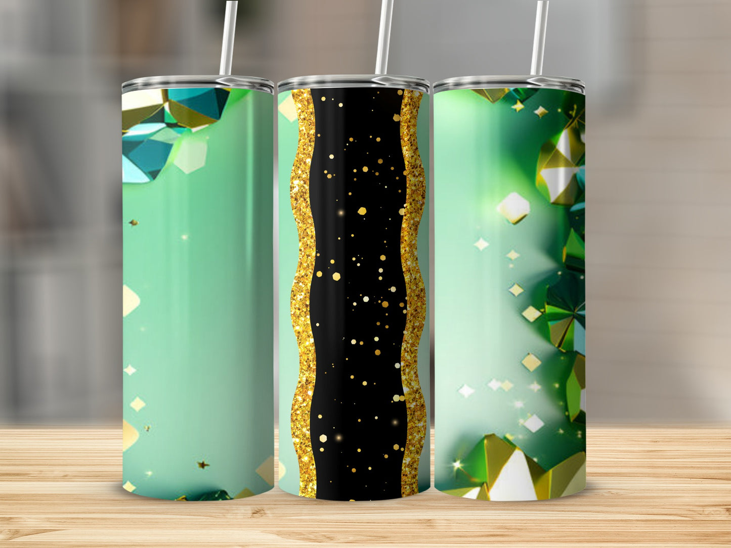 Green tumbler with black and gold glitter stripe and geometric gems.