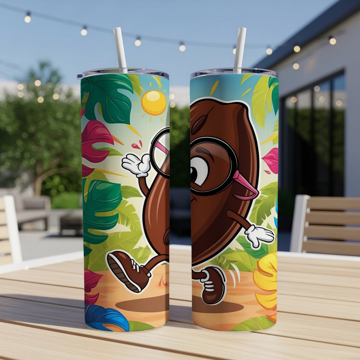 Cartoon coffee bean wearing glasses, dancing in a tropical setting.