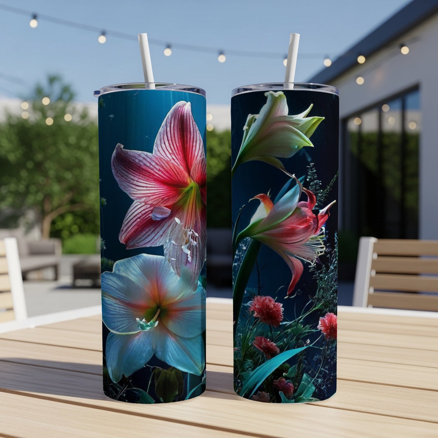 Two tall tumblers with pink and white floral designs on a wooden table outdoors.
