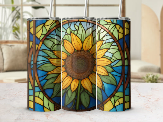 Stained glass sunflower pattern on three tumblers.