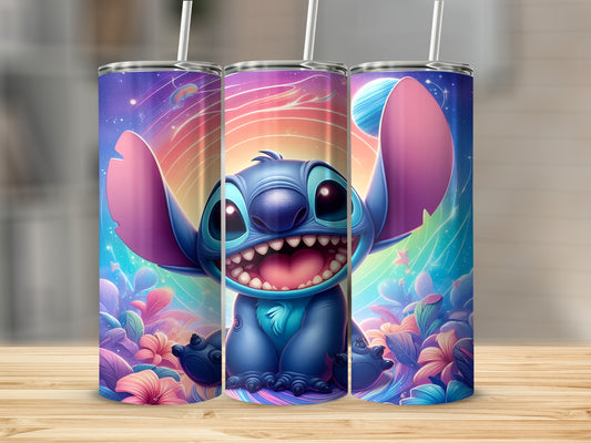 Stitch character on colorful striped tumbler with floral background and straw.