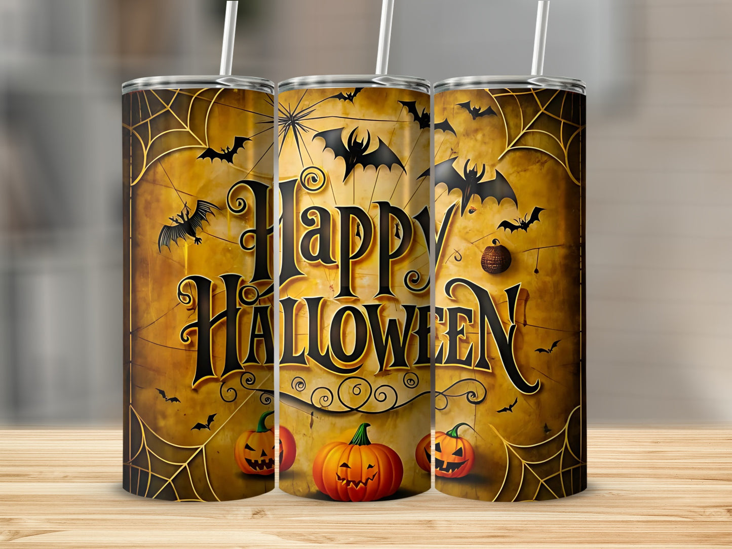 Three tumblers with Halloween theme: bats, pumpkins, and "Happy Halloween" text.