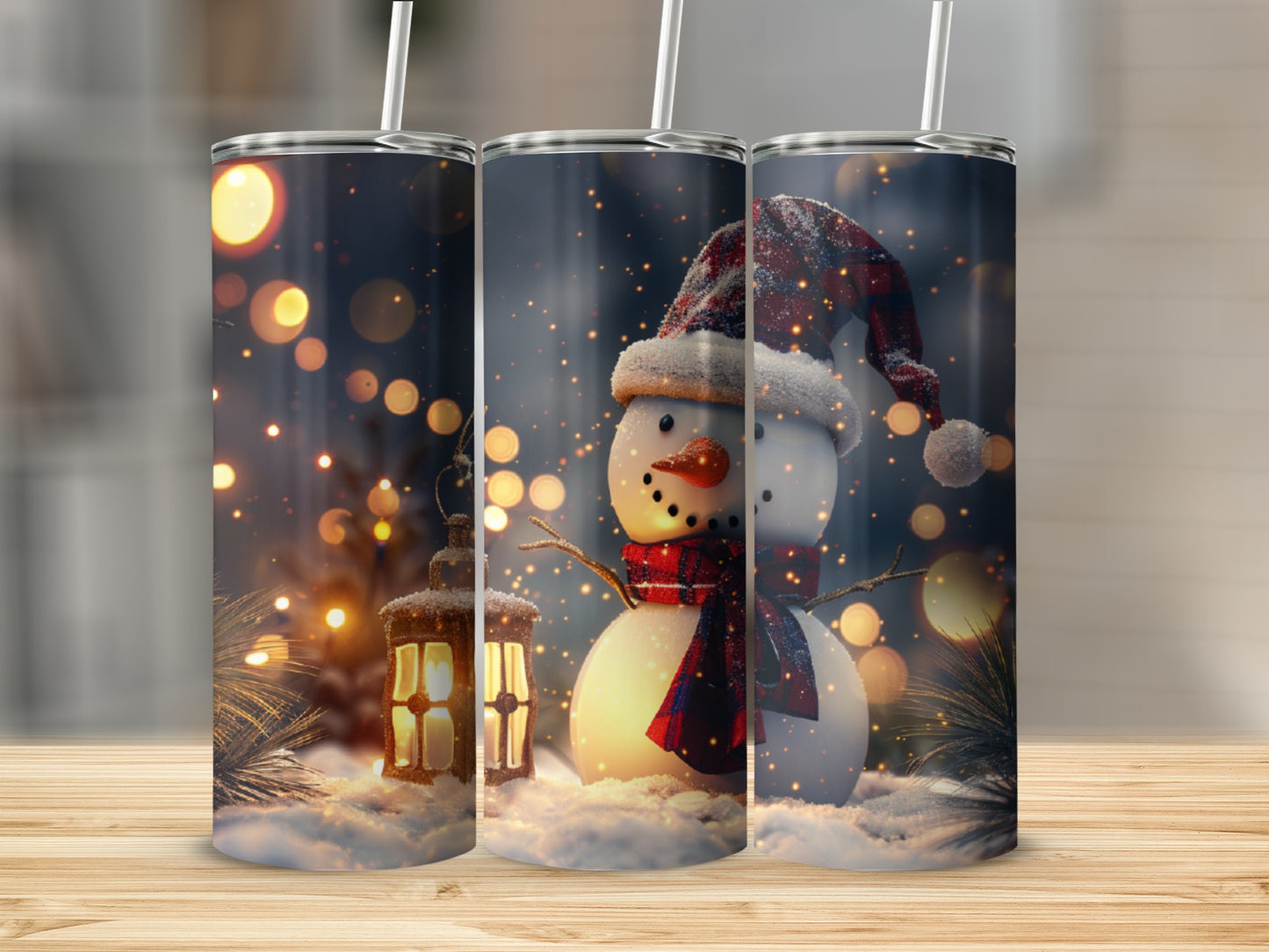 Snowman with lantern, scarf, and Santa hat, surrounded by snow and bokeh lights.