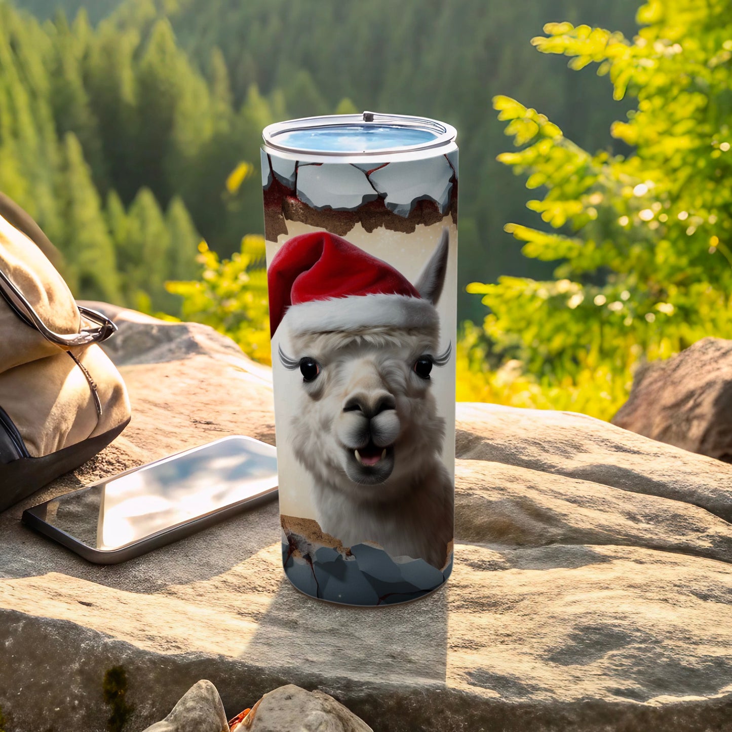 Festive Llama With Santa Hat Design Travel Tumbler