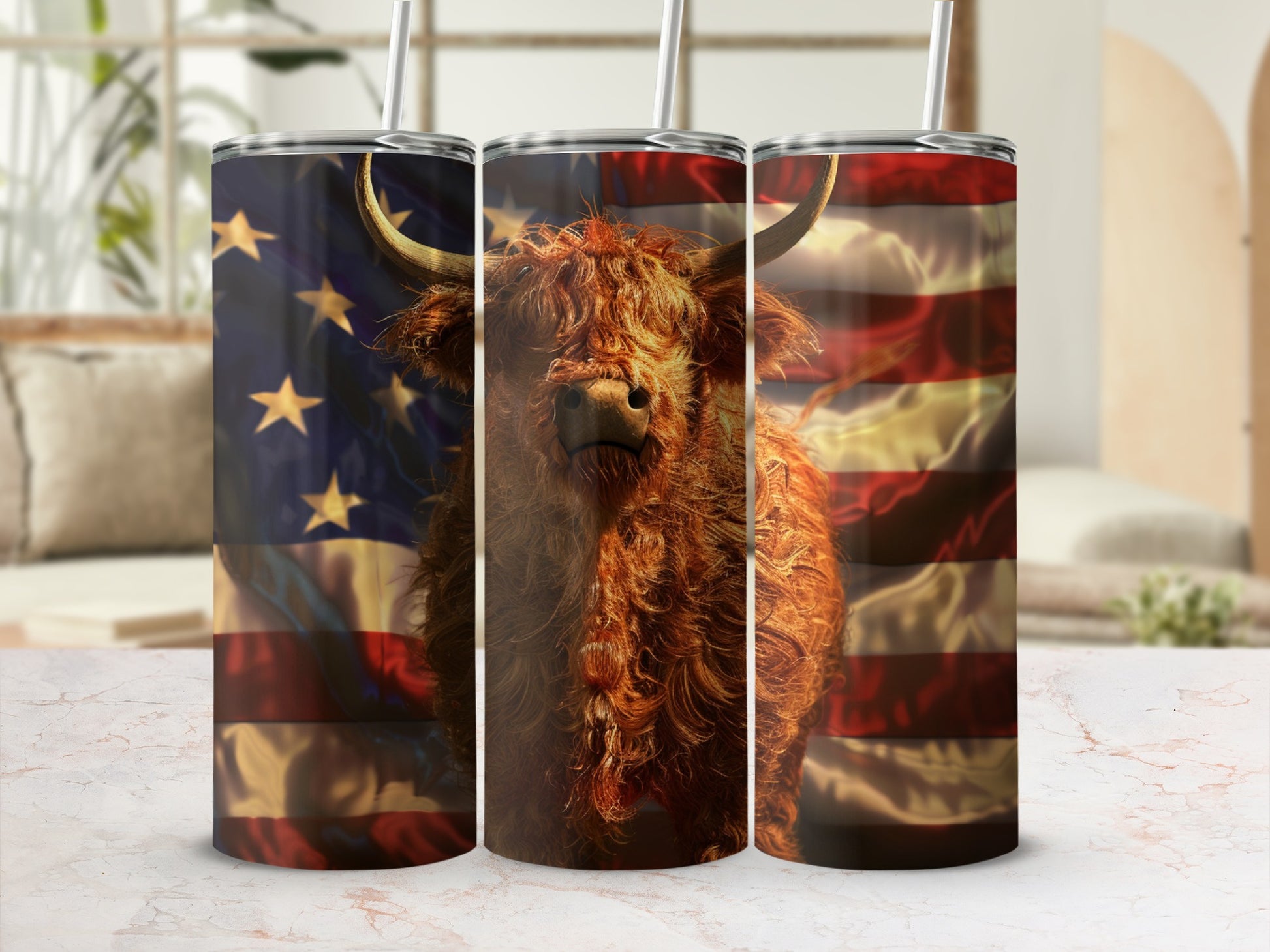 Highland cow and American flag tumbler.