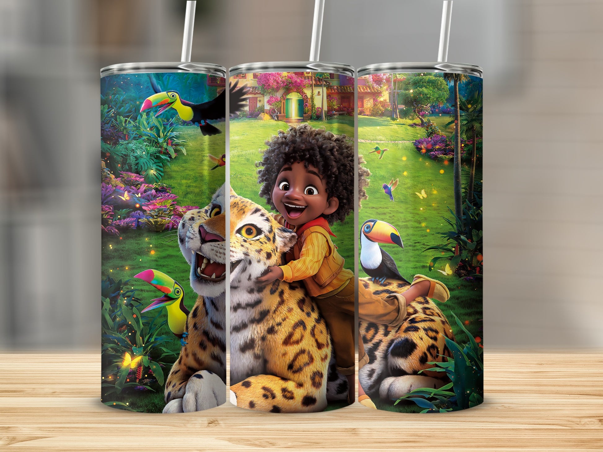 Vibrant Cartoon Jungle Adventure Stainless Steel Tumbler