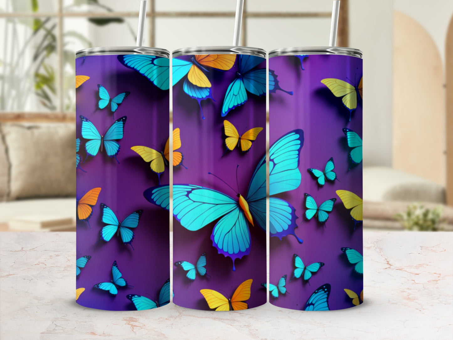 Purple tumbler with vibrant blue and yellow butterflies.