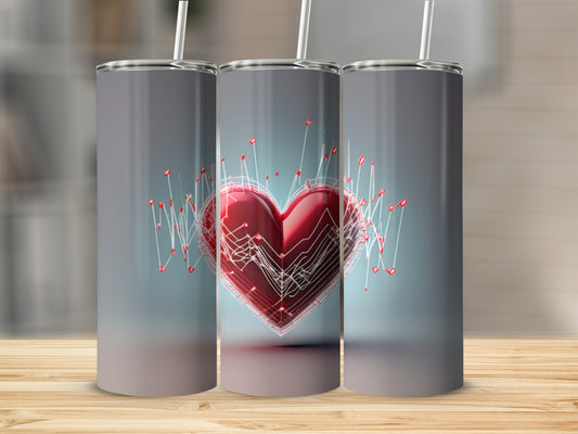 3D red heart with pulse waves on a tumbler, on a wooden surface.