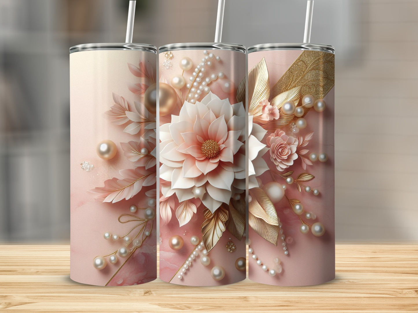 Pink floral tumbler with pearls and gold accents.