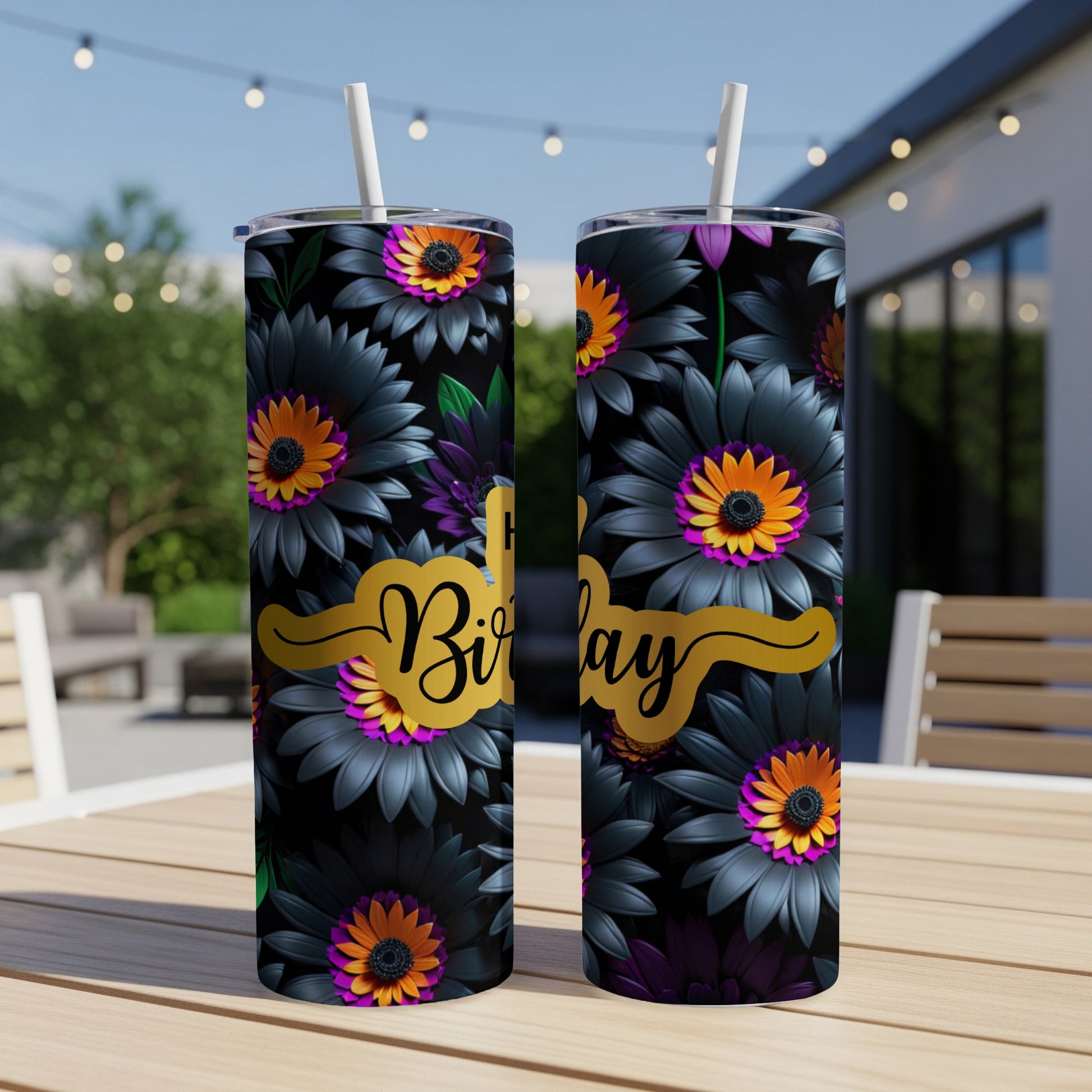 Two tumblers with black and orange floral pattern, "Happy Birthday" text.