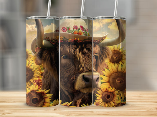 Highland cow wearing a floral hat among sunflowers.