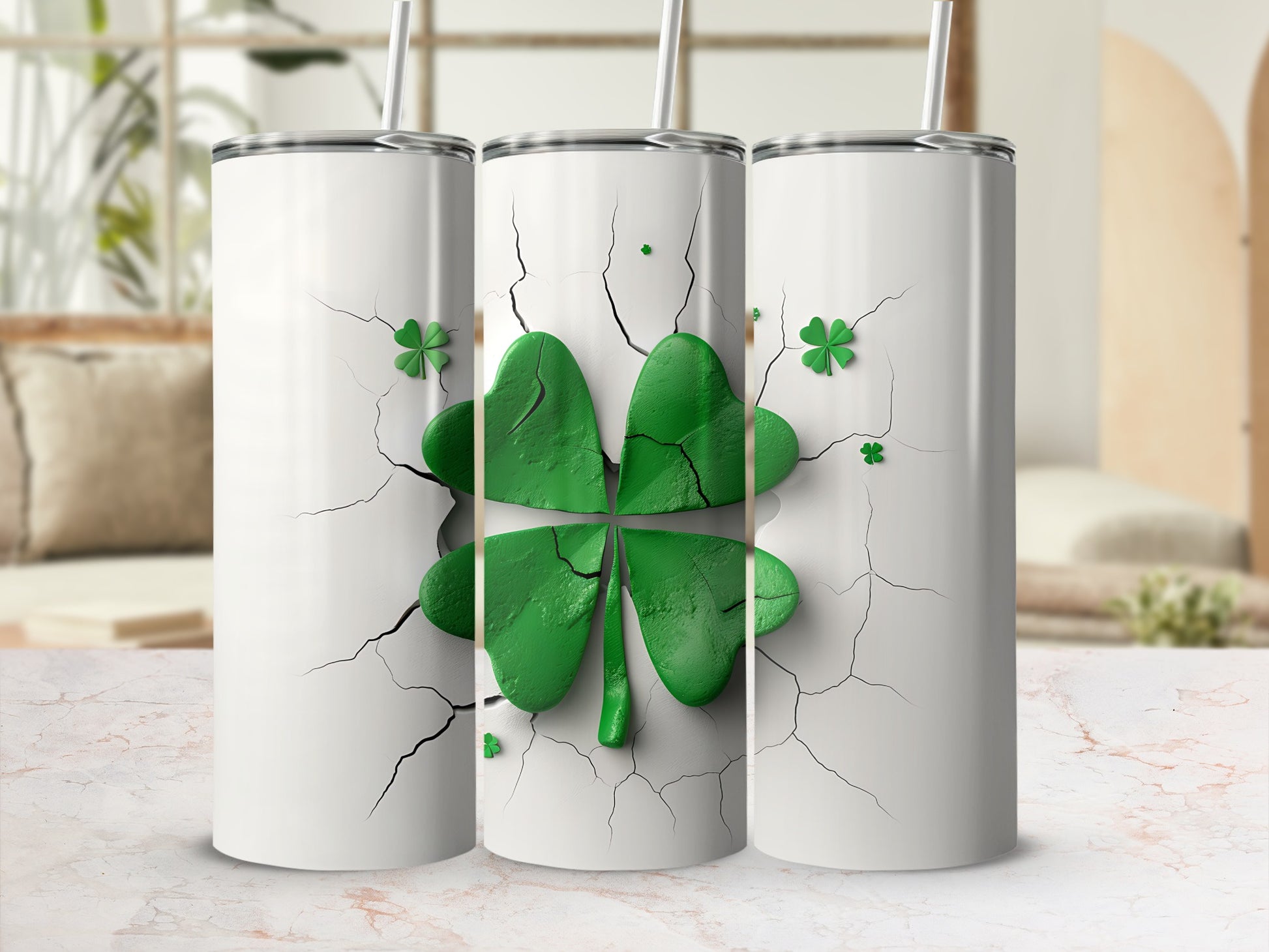 White tumblers featuring green shamrocks with cracked earth effect.