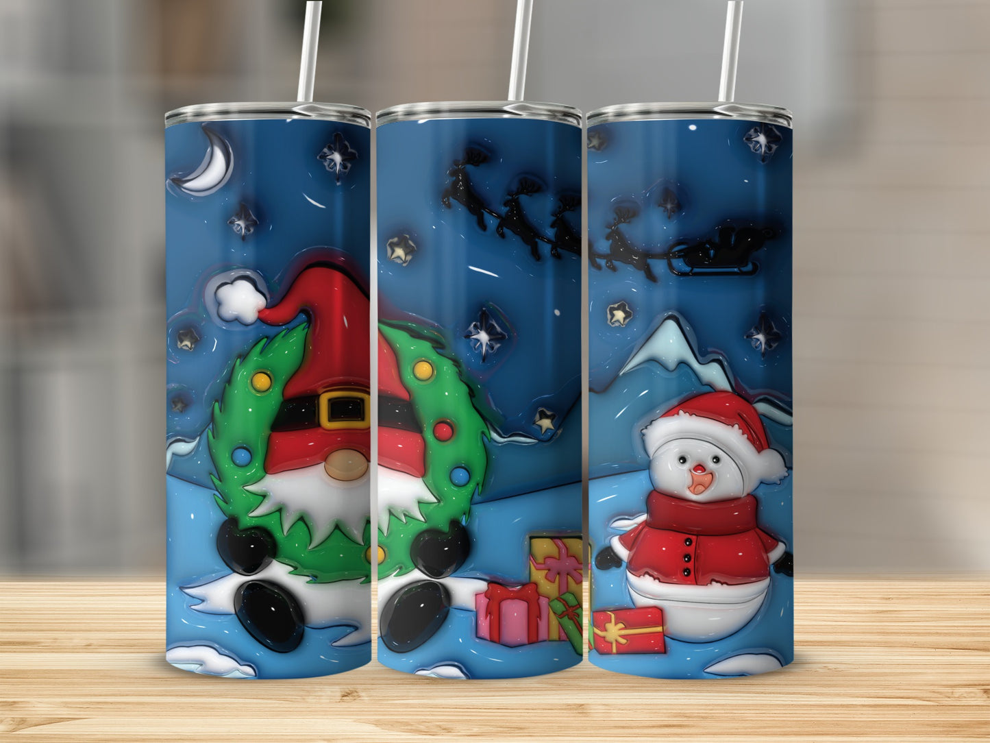 Festive Christmas Gnome Snowman Sleigh Scene Tumbler