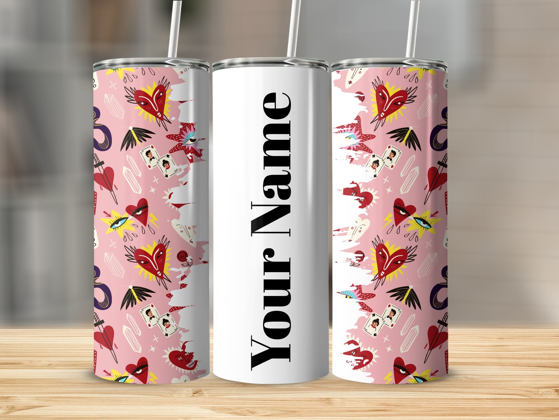 Customizable Pink Pattern Design Tumbler with Straw