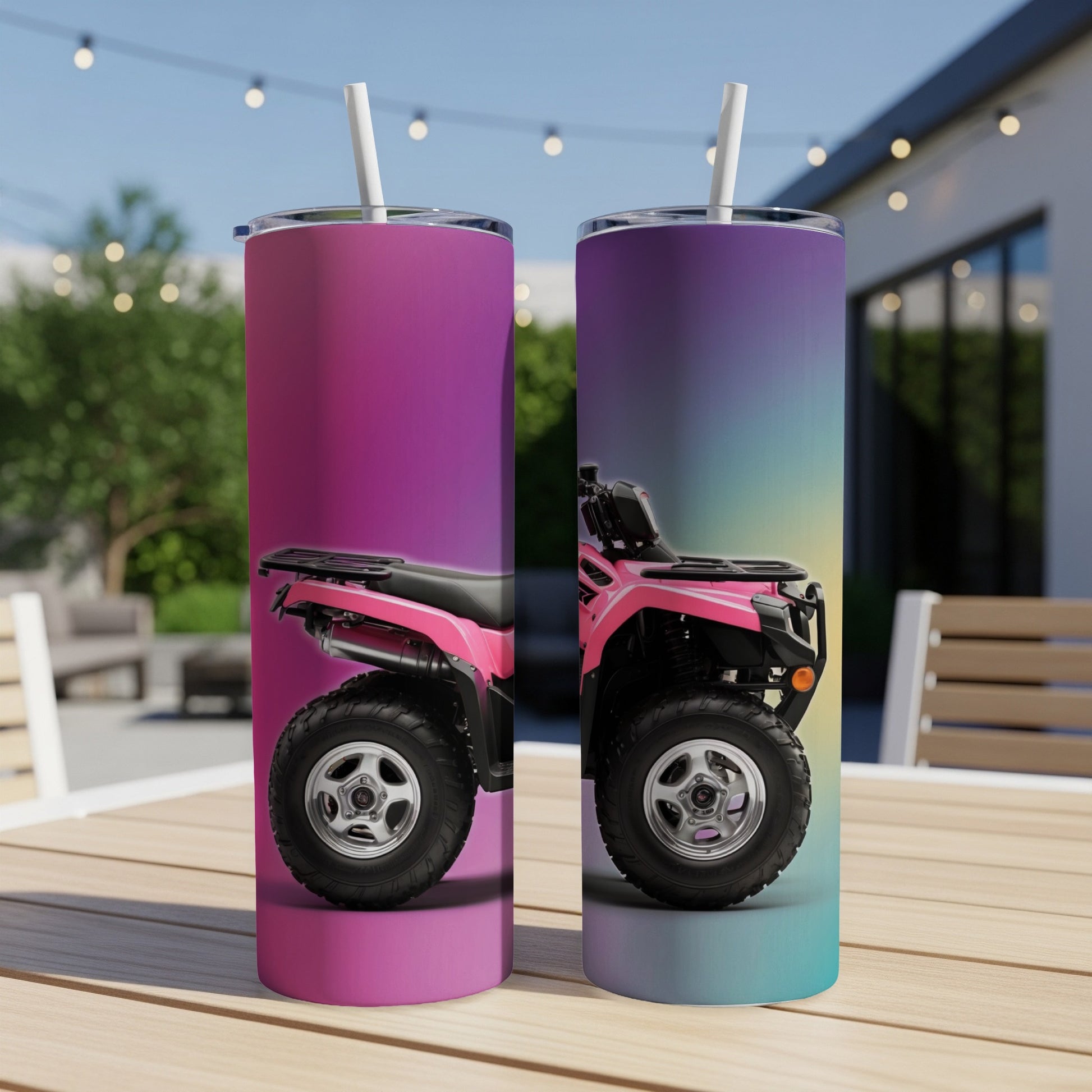 Pink ATV on gradient purple and teal tumbler.