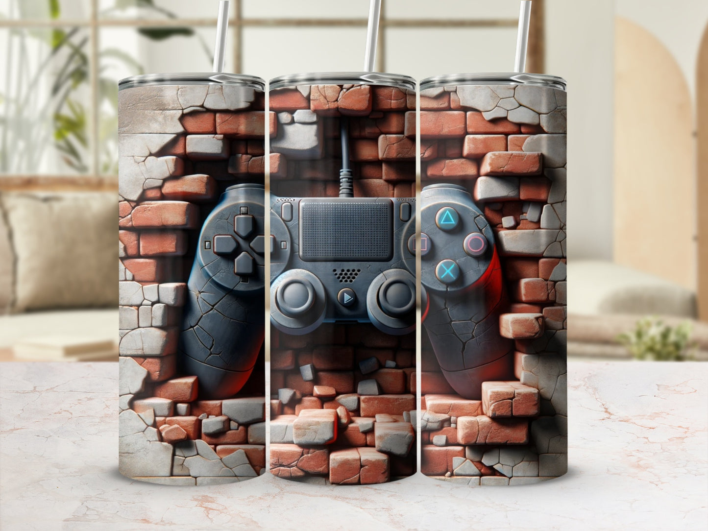 Triptych of tumblers featuring a video game controller on a cracked brick wall.