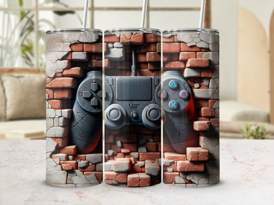 Triptych of tumblers featuring a video game controller on a cracked brick wall.
