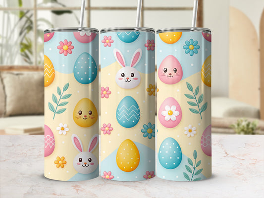 Easter tumbler with bunnies, eggs, and flowers on pastel background.