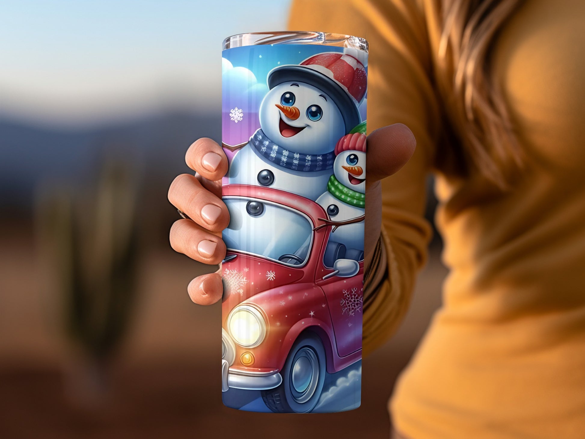Festive Snowman and Car Christmas Tumbler Design