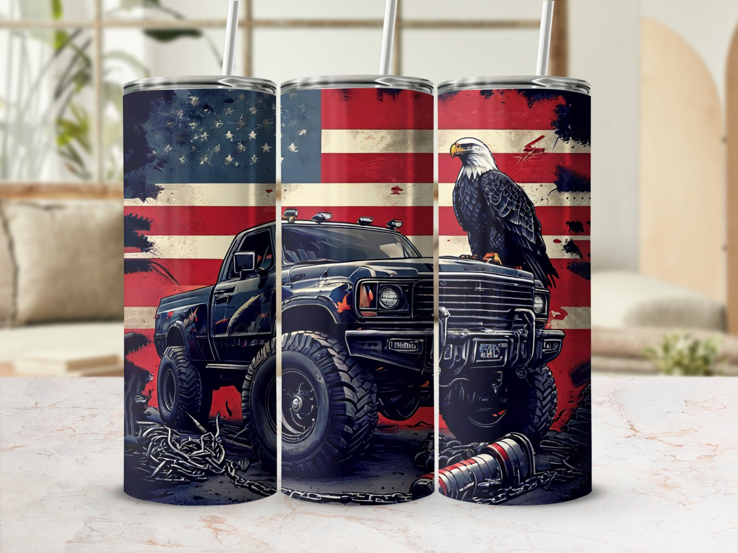 American flag, black pickup truck, eagle, and chains wrap around a tumbler.