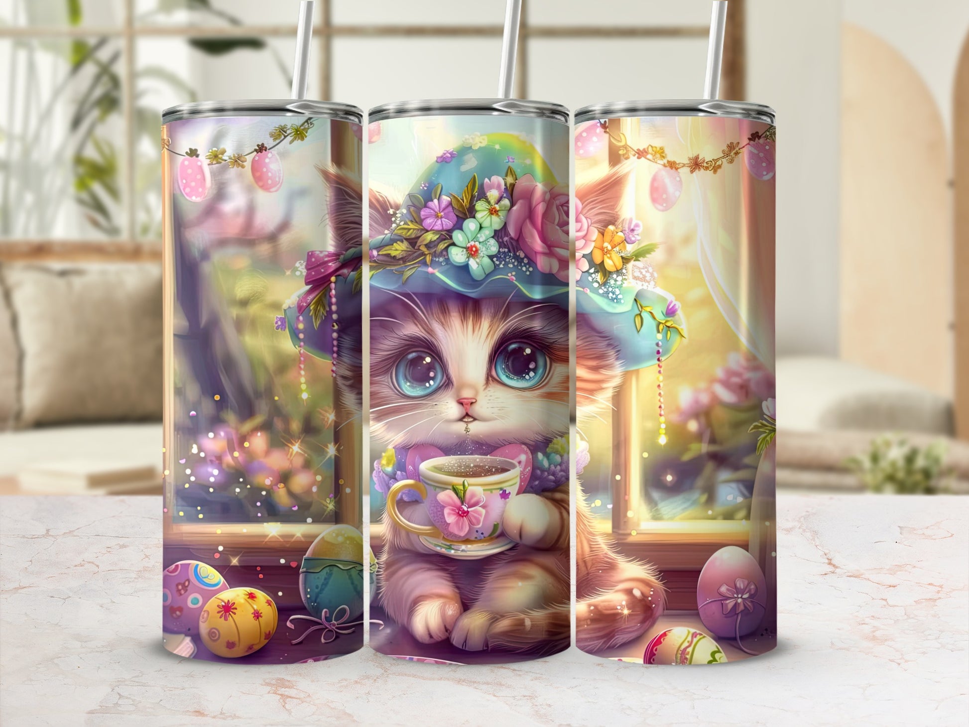 Kitten wearing a floral hat holds a teacup, with Easter eggs.