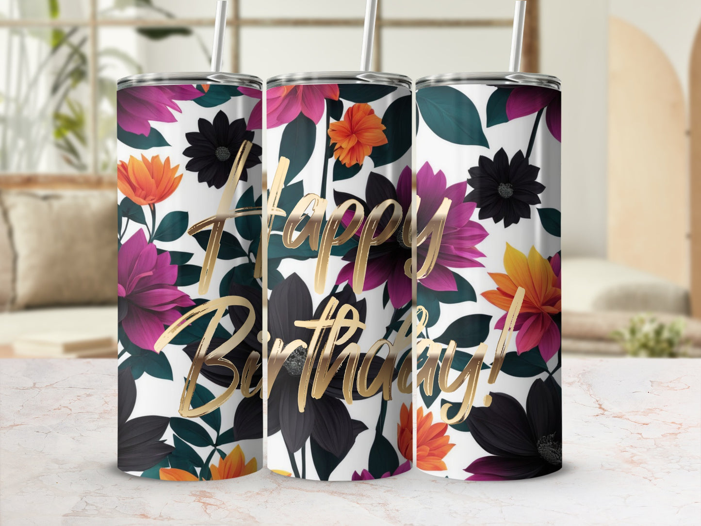 Floral tumbler with "Happy Birthday!" text.