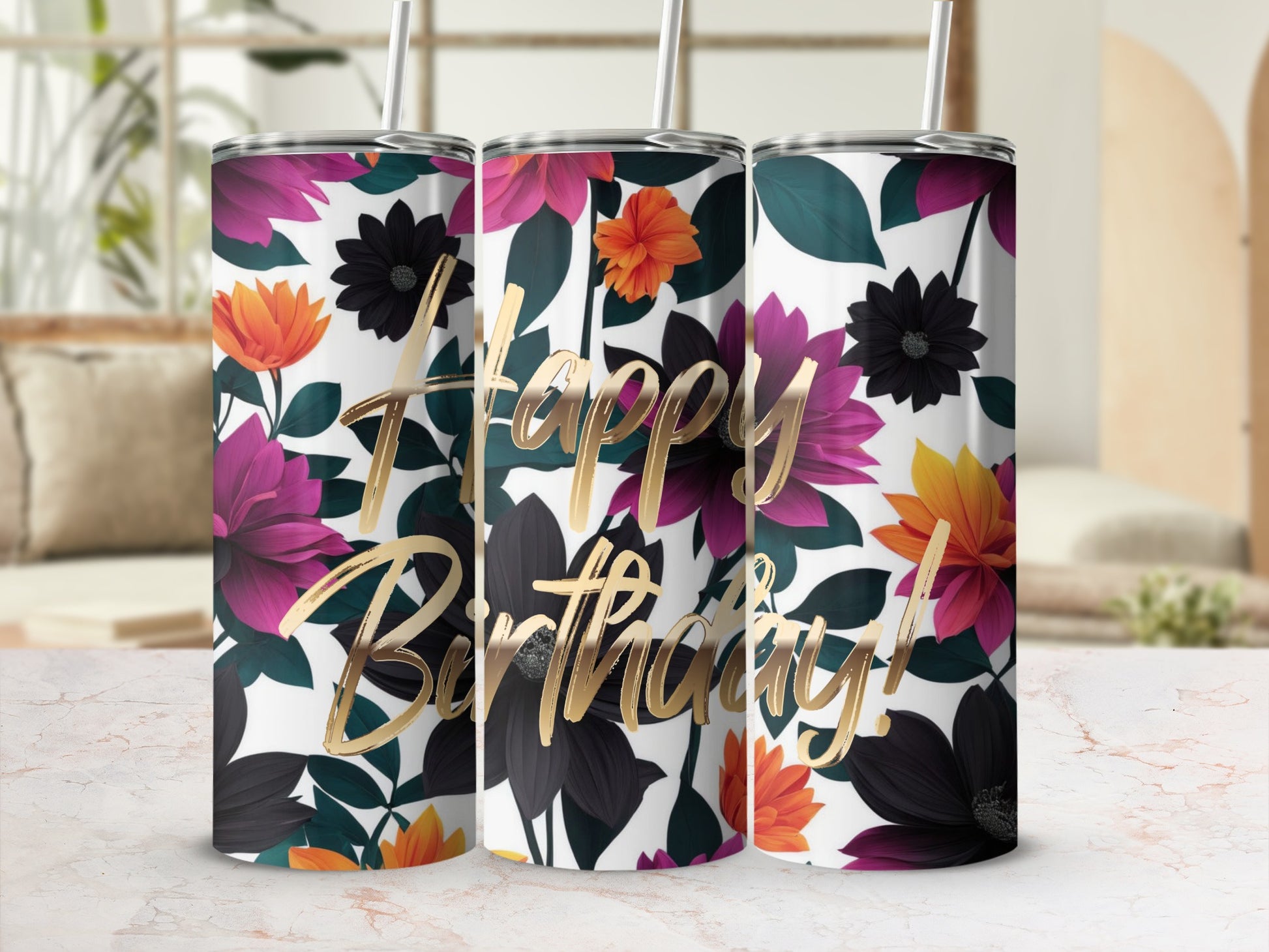 Floral tumbler with "Happy Birthday!" text.