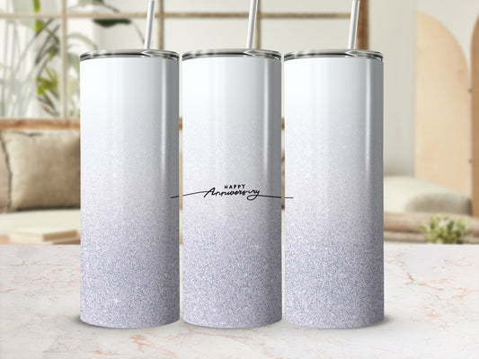 White glitter tumbler with "Happy Anniversary" text.