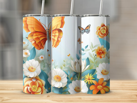 Orange butterfly and white flowers on a light blue background tumbler design.