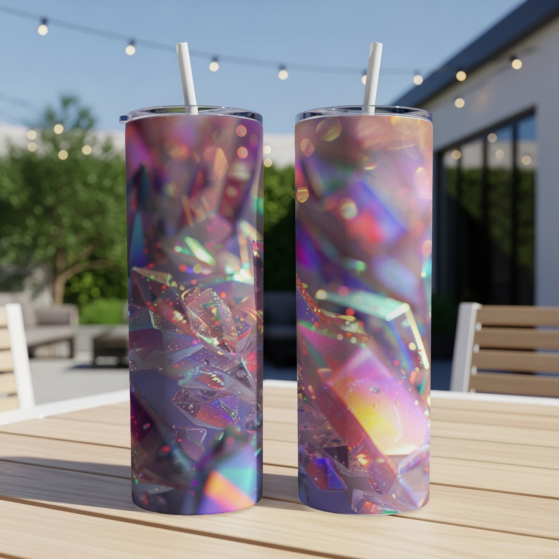 Two iridescent tumblers with holographic geometric patterns on a wooden table.