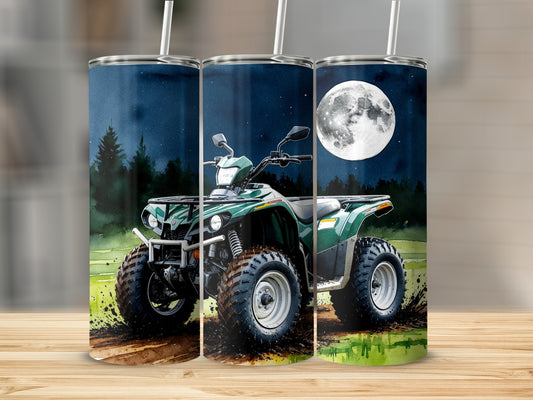 Green ATV driving through mud under a full moon.