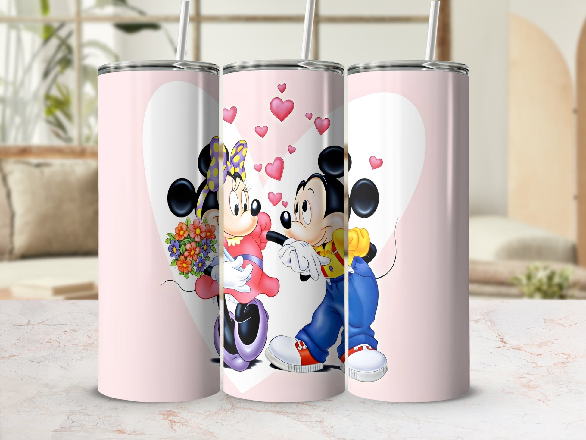 Minnie Mouse gives Mickey Mouse a bouquet of flowers, against a pink background with hearts.
