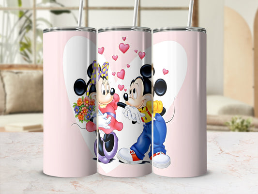 Minnie Mouse gives Mickey Mouse a bouquet of flowers, against a pink background with hearts.