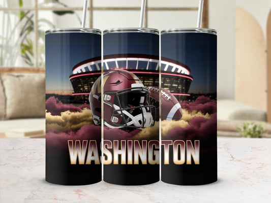 Washington football helmet and ball tumbler with stadium background.