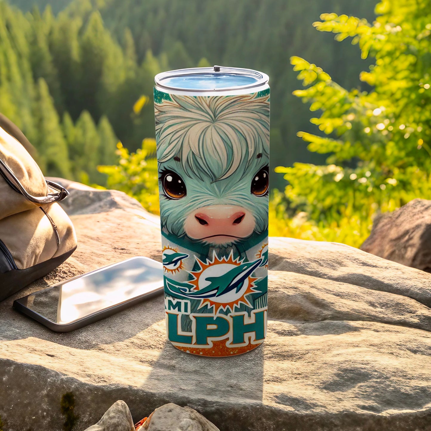 Miami Dolphins tumbler with cartoon cow wearing team logo and green and orange trim.
