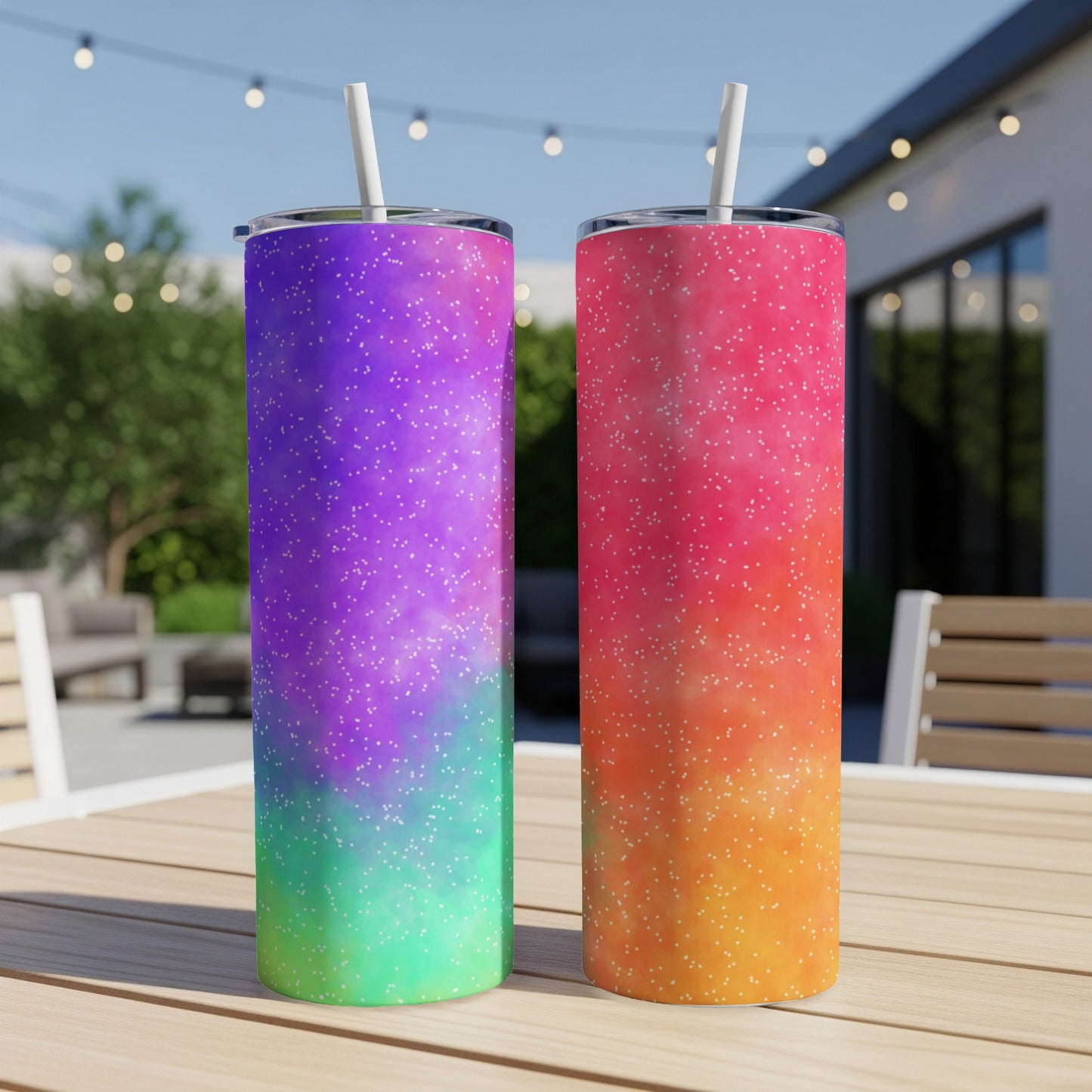 Two tumblers with colorful speckled designs on a wooden table.