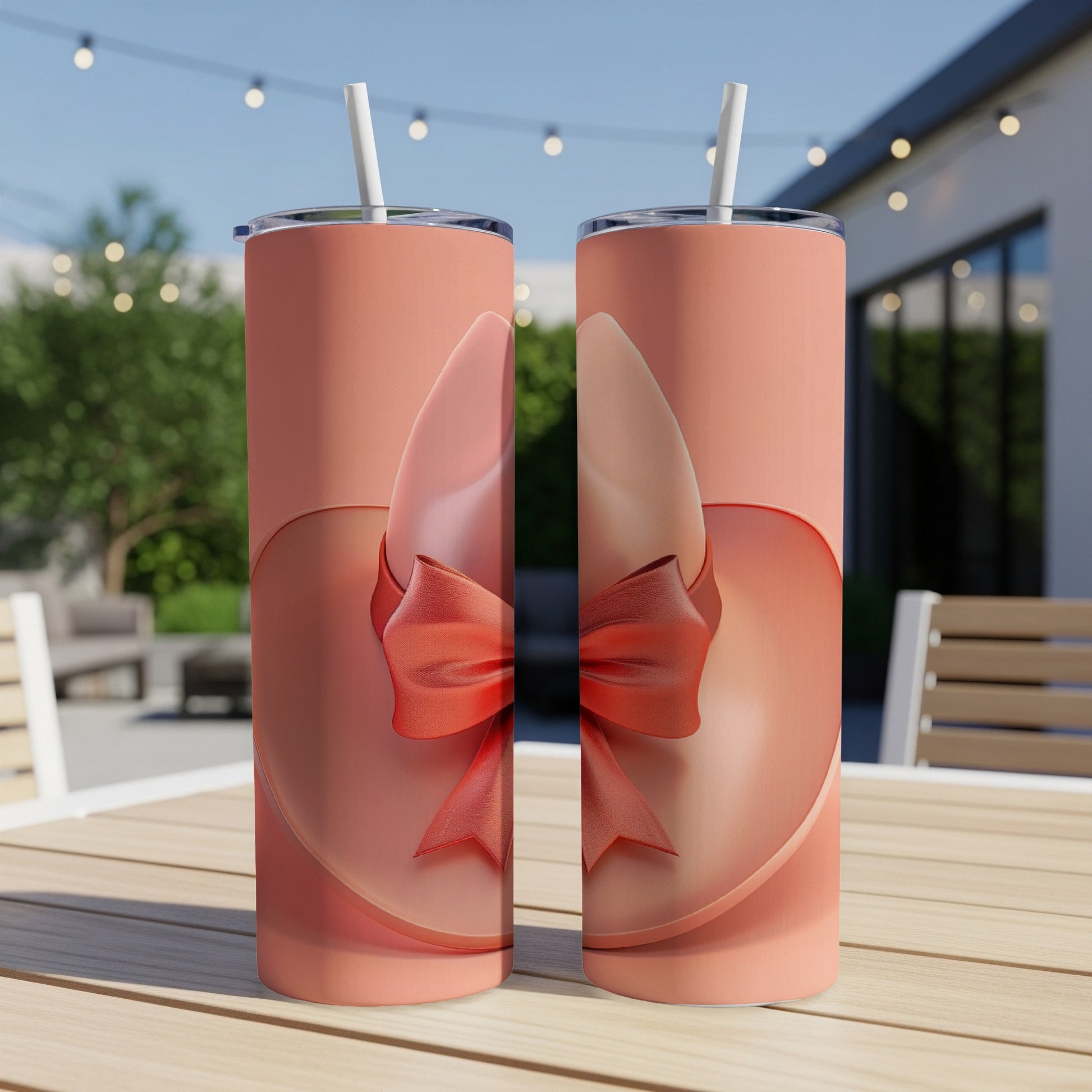 Two pink tumblers with a red bow design, outdoors on a table.