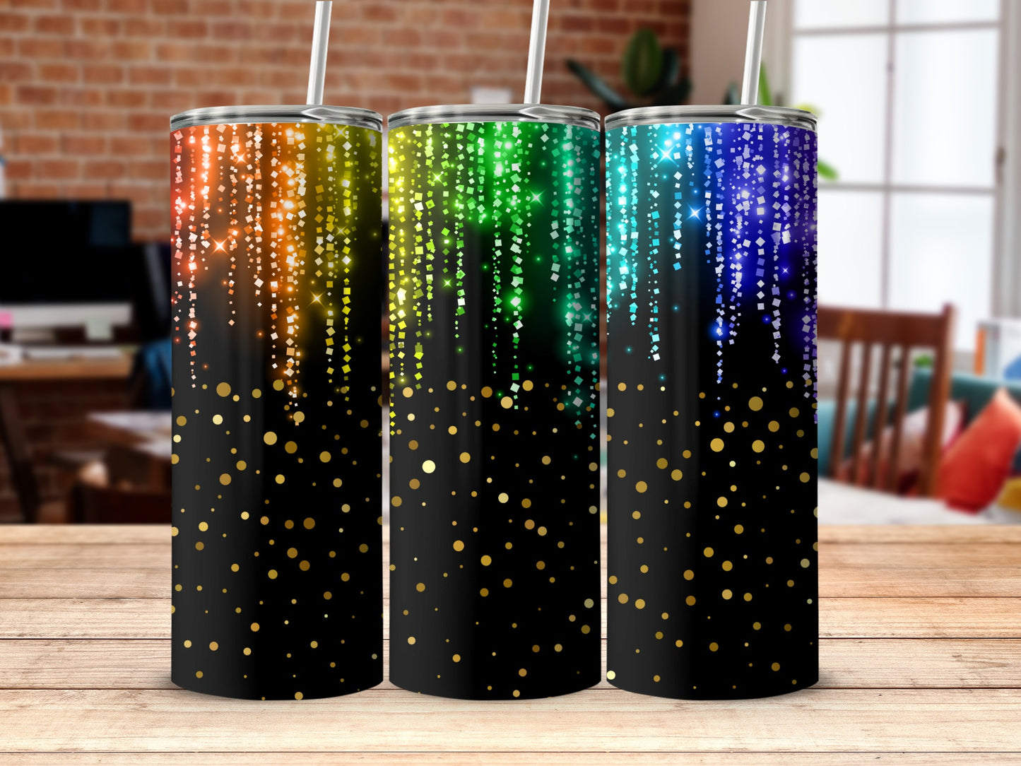 Colorful Sparkling Tumbler with Falling Rainbow Lights