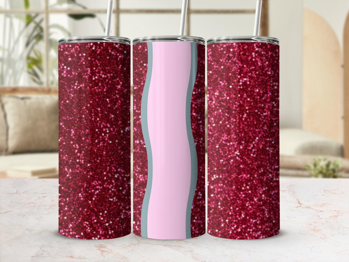 Three glitter tumblers with textured, wavy designs.