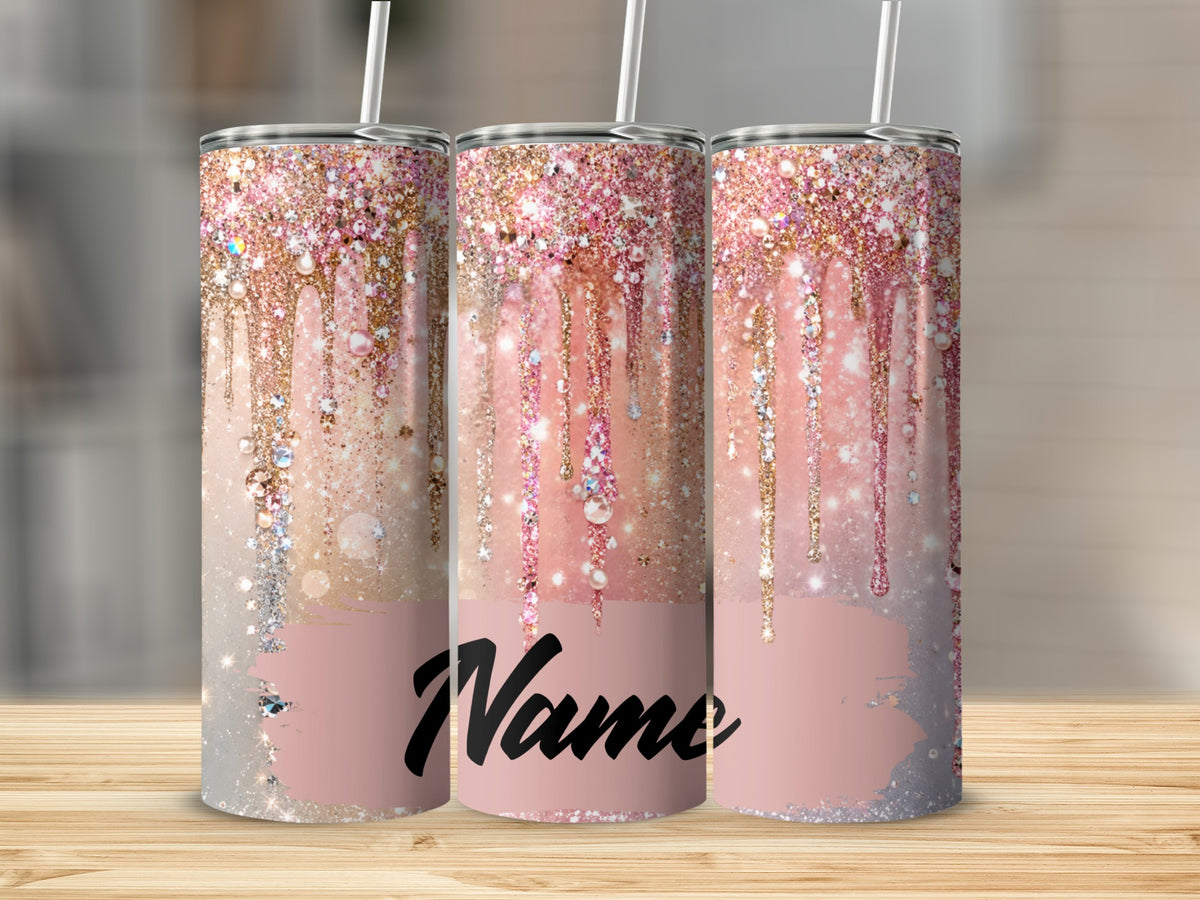 Three tumblers with dripping glitter and gem designs, featuring "Name" in script.