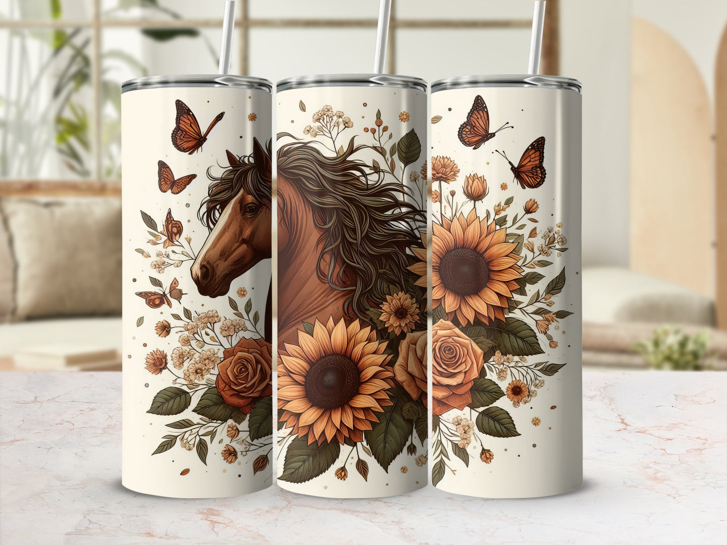 Three tumblers with horse and sunflower floral design.