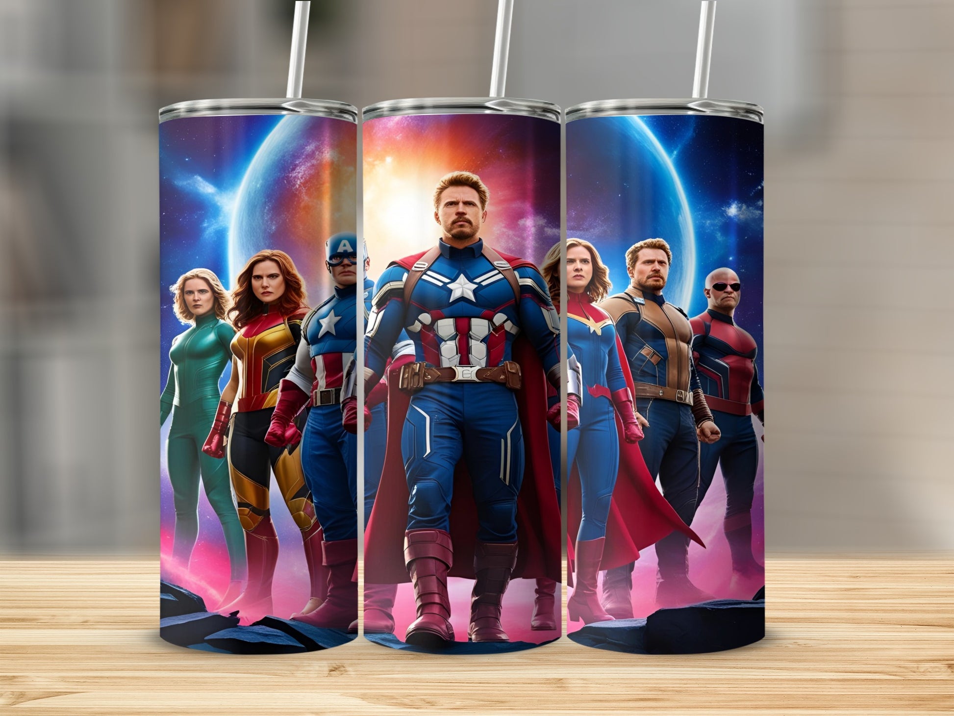 Marvel superheroes Captain America, Captain Marvel, and others stand against a cosmic background.