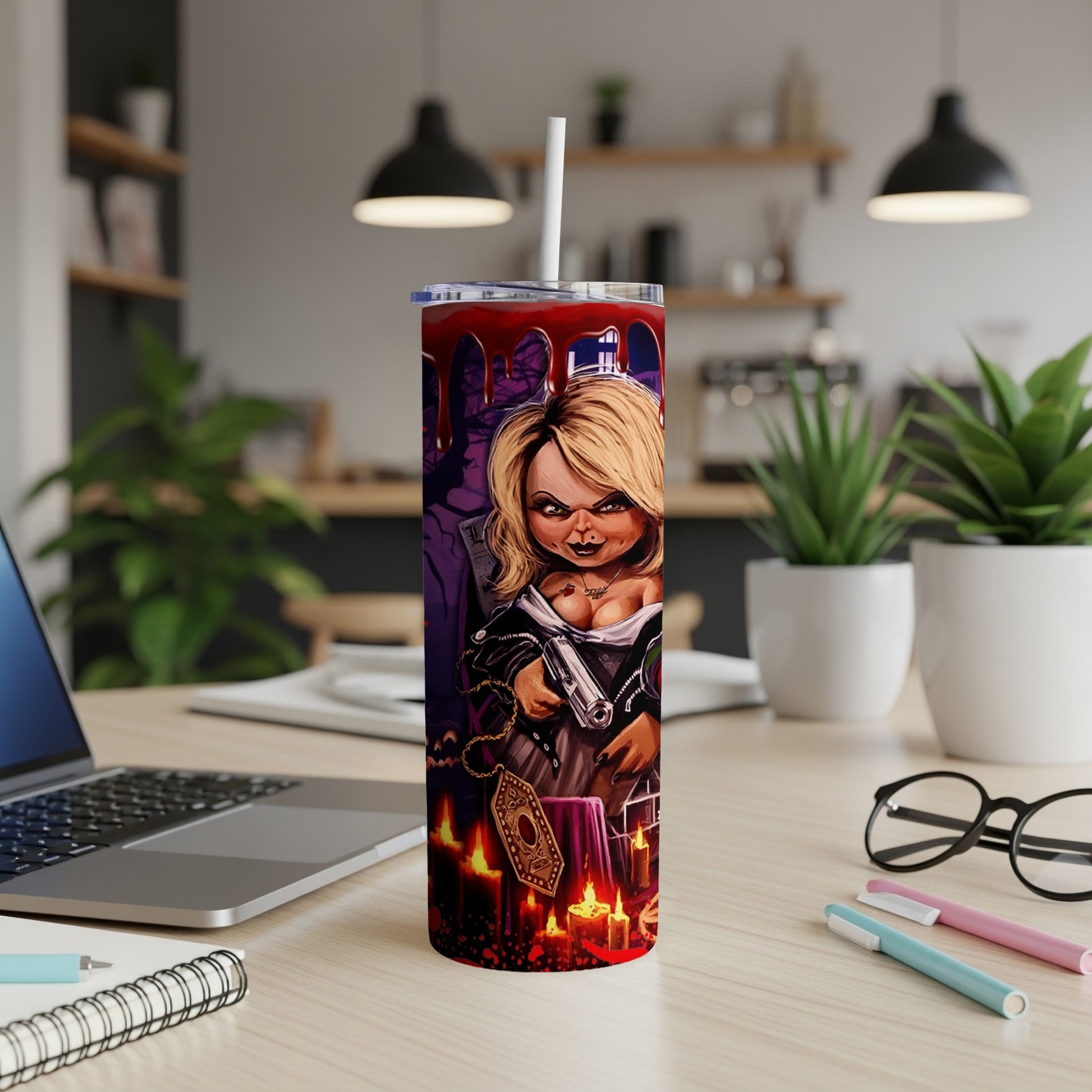 Chucky doll holding a gun with candles and blood splatters.