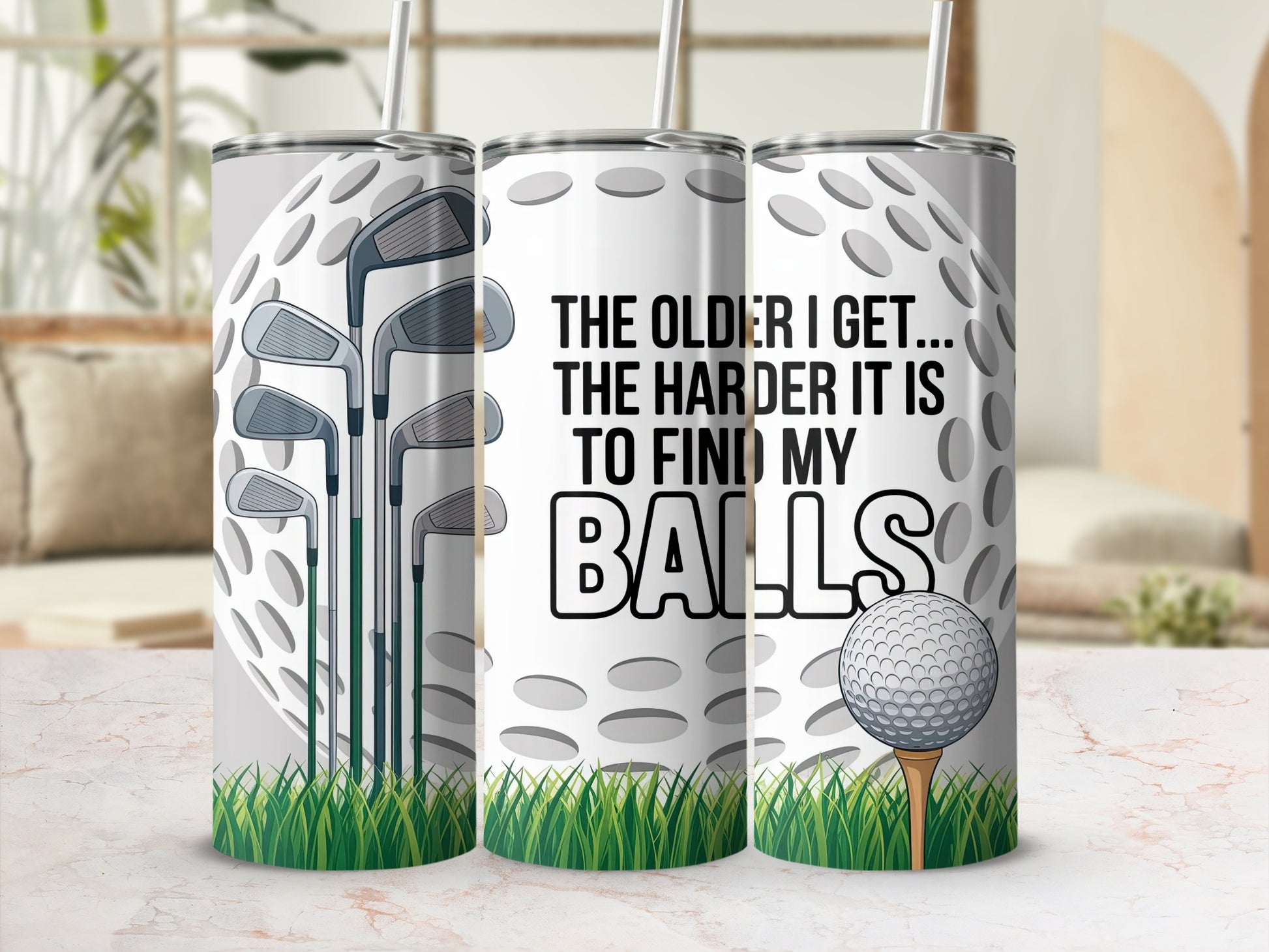 Tumbler with golf clubs, grass, and text about finding golf balls.