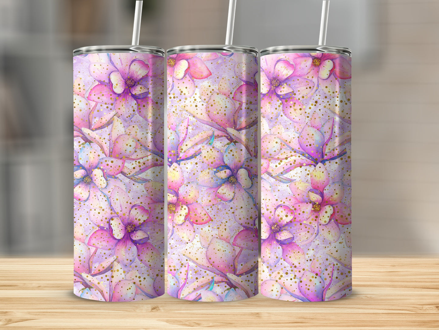 Floral Watercolor Patterned Tumblers with Straws