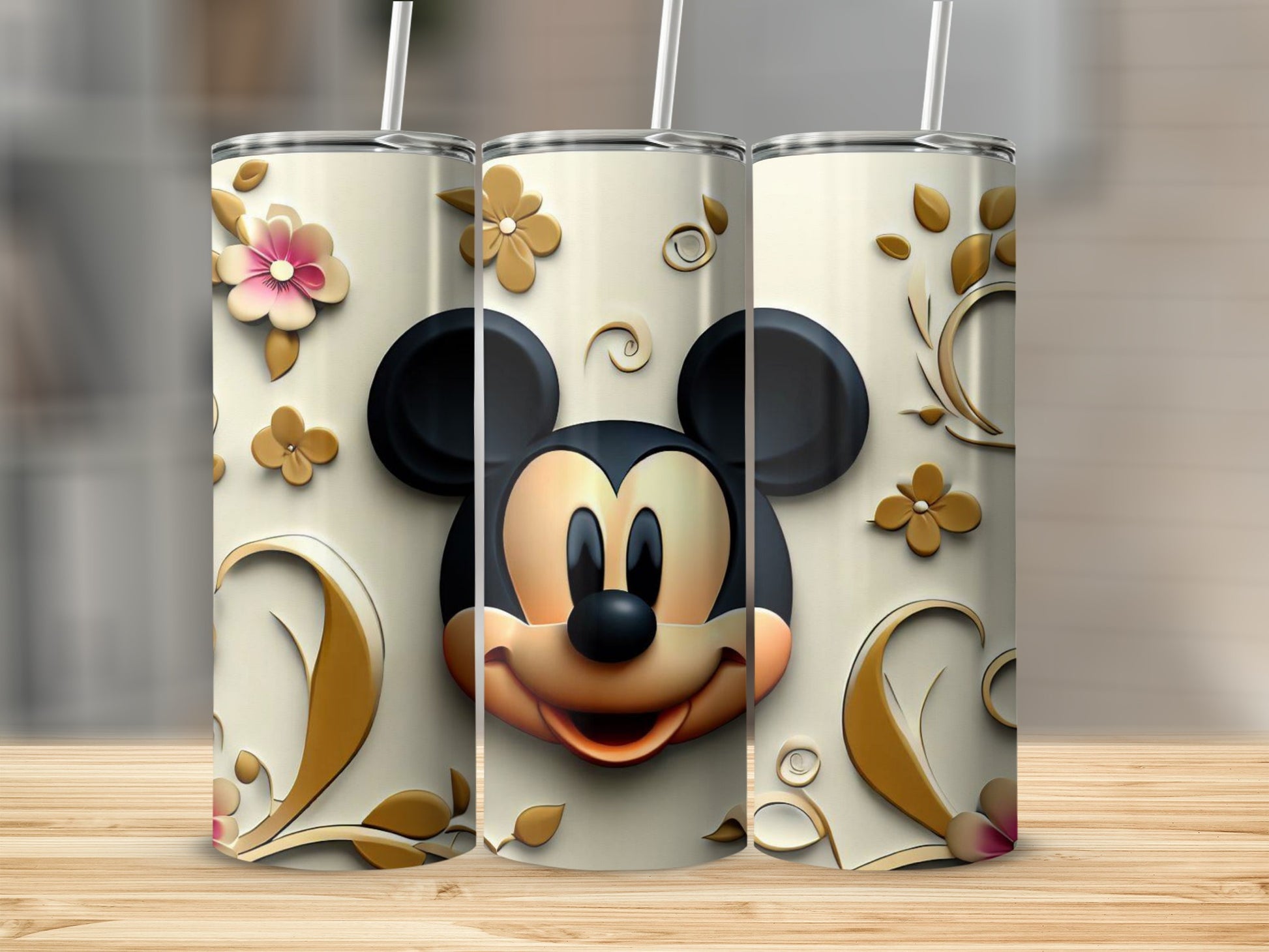 Floral Mickey Mouse Tumbler with Straw Modern Design