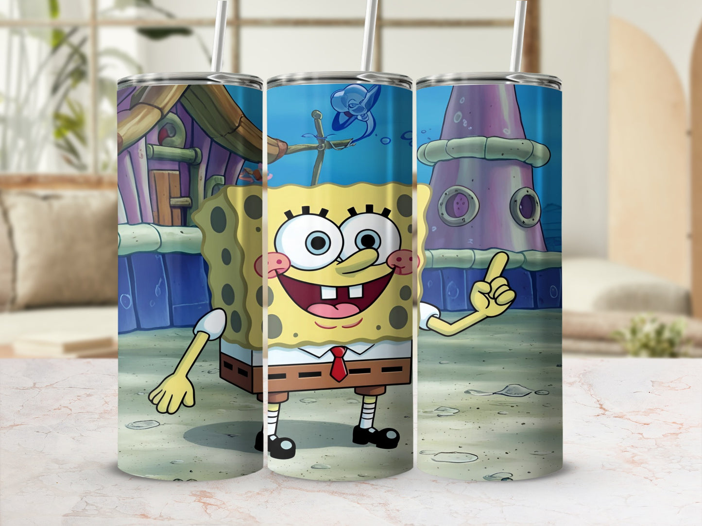 SpongeBob SquarePants pointing with a straw in a cartoon ocean setting.