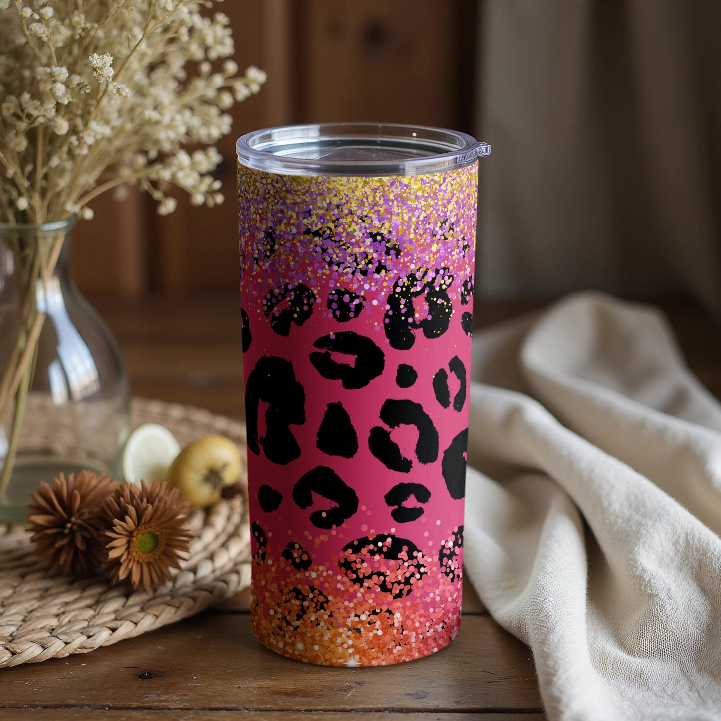 Leopard Print Gradient Glitter Insulated Tumbler Cup
