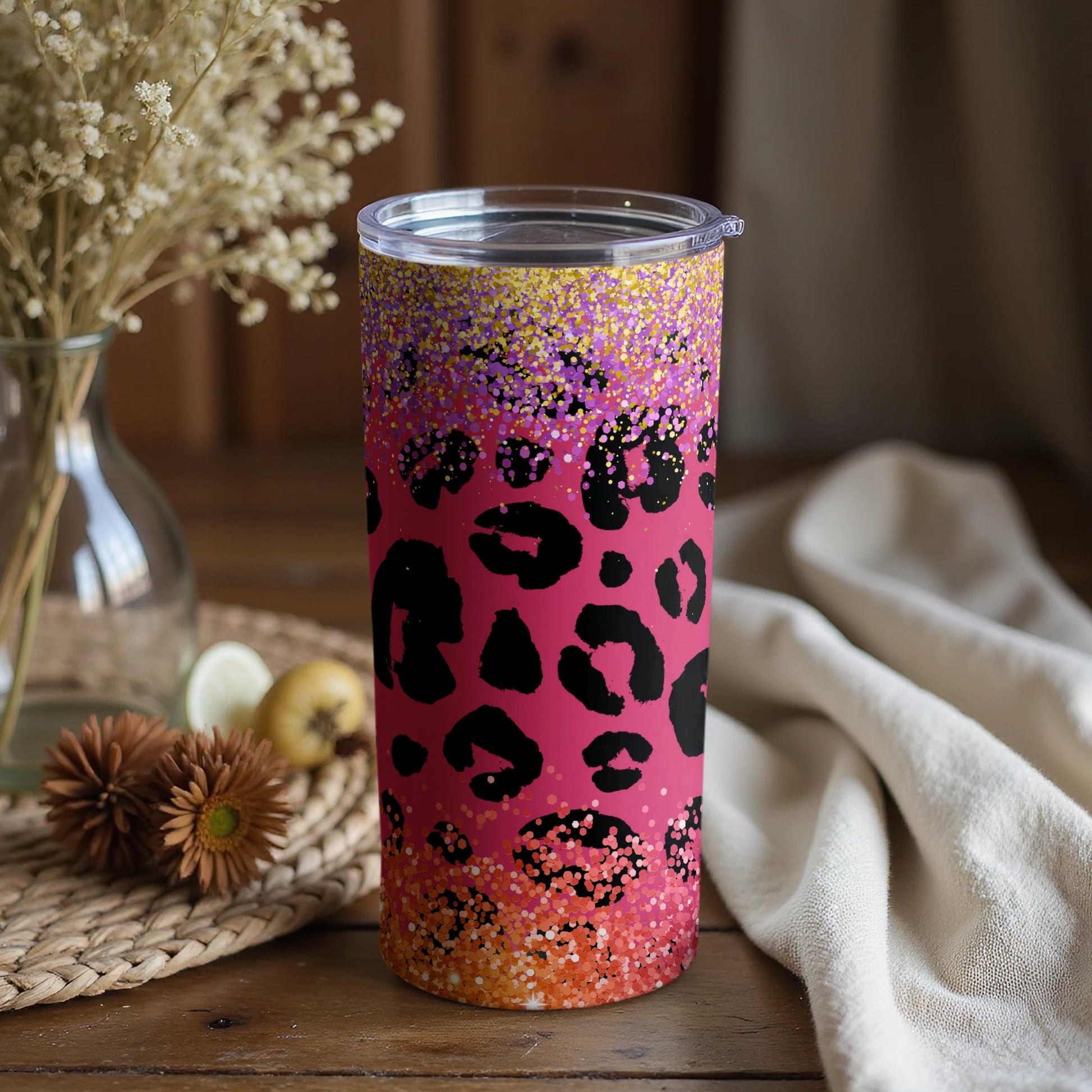 Leopard Print Gradient Glitter Insulated Tumbler Cup